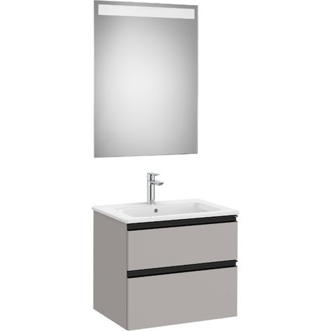 Pack meuble "The Gap" 600 - 2 tiroirs + lavabo slim + miroir LED - gris moyen mat/poignées noires - Roca (1/2)