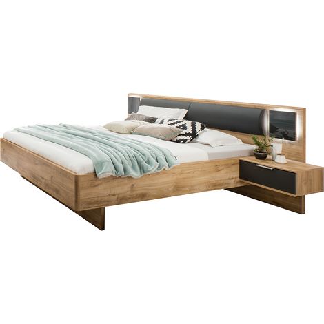 Doppelbett 160cm mit Nachtschränken, Beleuchtung und Polsterkopfteil, graphit und Eiche, VIESTE-43 (1/3)