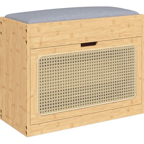 Banc à chaussures d'entrée, banc de rangement en bambou, assise rembourrée, porte en rotin et étagère réglable, bois naturel