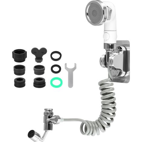Douchette Lavabo Extensible 1.6 m - 3 Modes de Douche - Inverseur Pivotant et Adaptateurs sur Robinet - pour Salle de Bain, WC, Cuisine et Jardin (1/5)