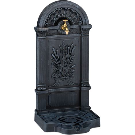 Relaxdays Fontana da Giardino in Stile Antico, 82,5x39x33 cm, Fontanella da Esterno, Rubinetto Acqua e Vaschetta, Grigio (1/5)