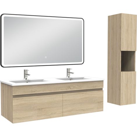 Acezanble Meuble double vasque 120cm avec colonne + miroir lumineux 3 couleurs chêne wotan