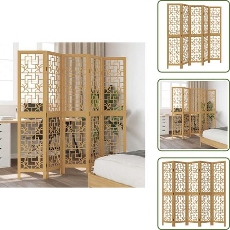 Cloison de séparation 5 panneaux marron bois paulownia massif - Séparateur De Pièce - Écran D'intimité - Cloison Pliable - Décoration Murale - Meuble Salle De Séjour