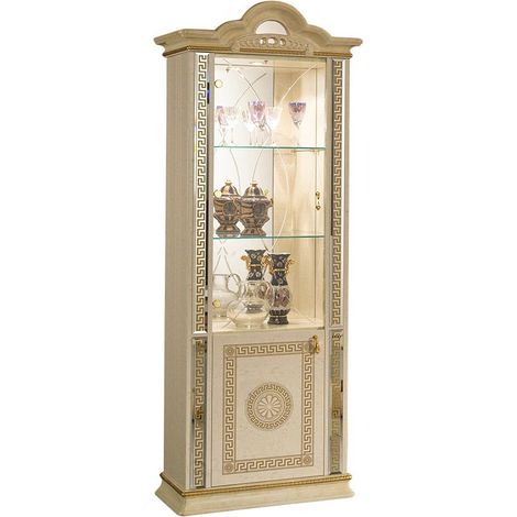 Les Tendances – Vitrine 2 portes en bois laqué brillant beige et doré – Dimensions L 78 x H 209 x P 46 cm – Verre trempé et poignées dorées (1/3)