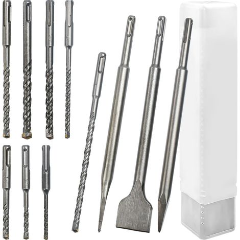 Jeu de 11 Burin et Foret SDS-Plus, Accessoires de Marteau Perforateur, Accessoires pour Marteau Burineur, Ciseaux Carrelage SDS avec Tête Plate et Pointe Conique, pour Carrelage Béton Pierre (1/5)