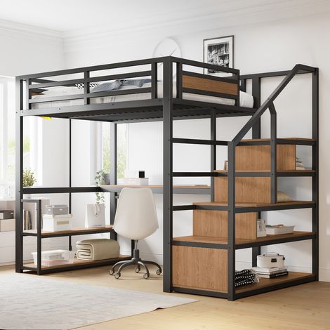 Lit Mezzanine métal 140x200 avec échelle de rangement, étagères, bureau et garde-corps, Lit Superposé Enfant Lit en Hauteur 2 Places, Noir (1/5)