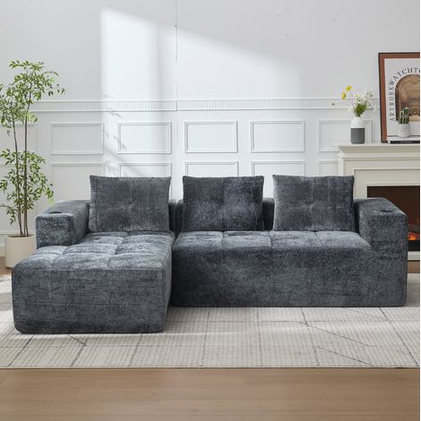Sofa 258 cm breit, Chenille-Bezug, grau, gepolstert, 4-5 Sitzer mit tiefen Sitzflächen und Becherhaltern (1/5)
