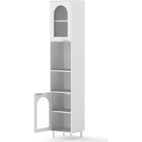 Mueble de baño alto con puertas de cristal acanalado, blanco