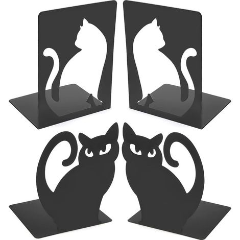 Serre-livres chat, serre-livres en métal, 2 paires, cales antidérapantes pour étagères, bureaux, bibliothèques, maison et école (120 x 105 x 160 mm, noir)