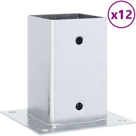 Bases de poteau carrées 12 pcs argent 81x81 mm acier galvanisé