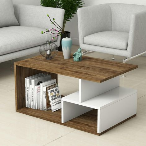 Table basse avec rangement ouvert, effets noyer & blanc MARFA (1/5)