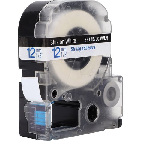 Ruban d'étiquettes transparent et durable de 12 mm, résistant à l'huile, à la corrosion et à l'usure (bleu sur blanc). (1/5)