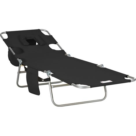 Outsunny Beach Chaise Lounge w/ Face Cavity & Arm Slots, Portable Sun Lounger Black