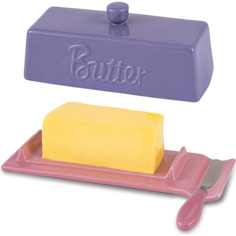 Beurrier Céramique avec Couteau - Design Allongé Moderne, Boîte à Beurre avec Couvercle pour Table et Réfrigérateur - pour Beurre en Bâtonnet ou Demi-Motte 250g - Violet (1/5)