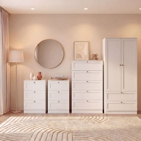 Altino 4 Piece Bedroom Set with 3 Drawer Bedside, Set of 2, 5 Drawer Chest, 2 Door 2 Drawer Wardrobe, White