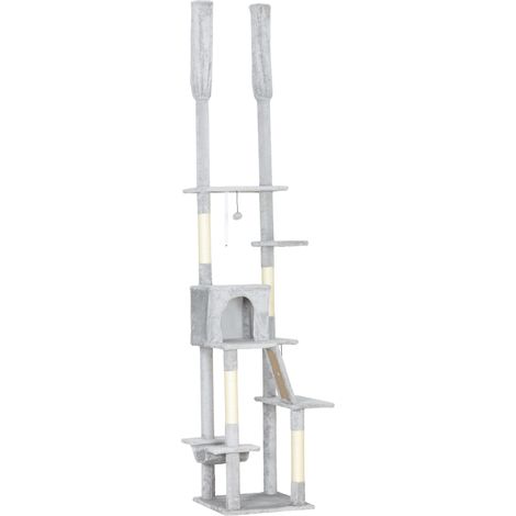 Arbre à chat du sol au plafond griffoir pour chat hauteur réglable 225-255 cm 6 niveaux avec niche hamac gris clair