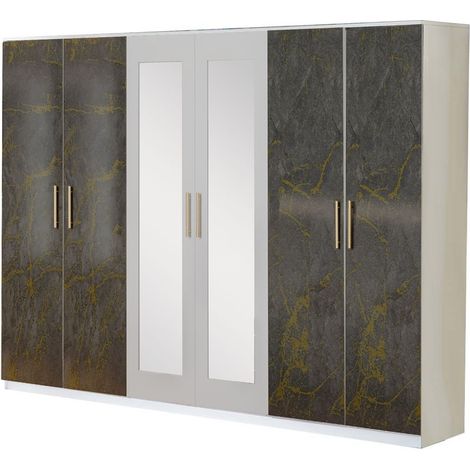 Grande rrmoire de chambre 6 portes battantes bois blanc et bois gris brillant marbré doré Dova 242cm (1/3)