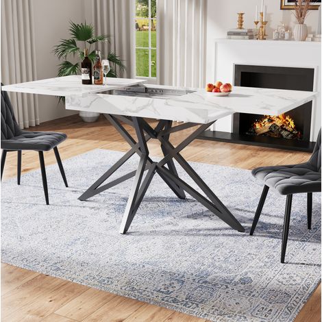 Conjunto de comedor extensible, mesa con 4 sillas, MDF y metal, blanco (1/5)