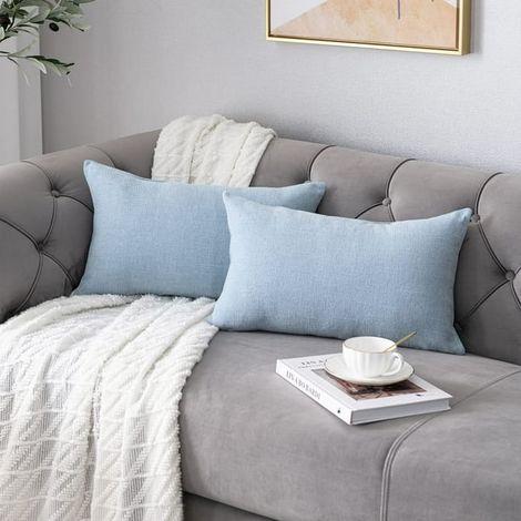 Housse de coussin bleu clair 12x20 cm, lot de 2, taie déco en chenille style rustique ferme, housse de traversin pour canapé, canapé et décoration intérieure (1/5)
