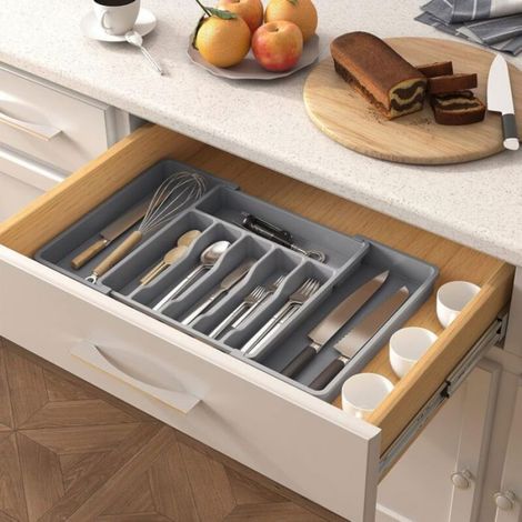 Range couverts extensible - - Organisateur réglable - Plastique - Gris - Pour tiroir (1/4)