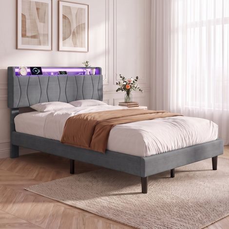 Lit simple 90×200 – Lit adulte – tête à tablette – Éclairage LED RGB – Ports USB et Type‑C – Sommier à lattes – lin gris (1/5)