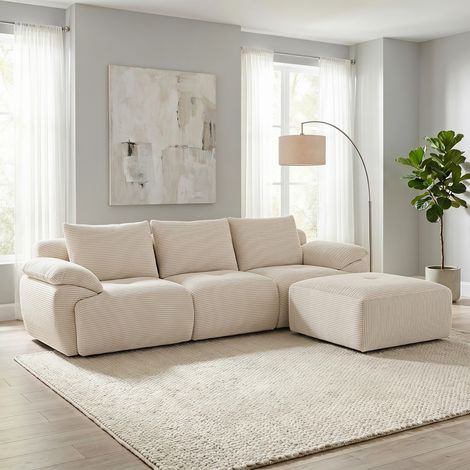 Divano angolare, Divano modulare 3 posti con pouf, Schiuma ad alta densità senza montaggio, Design moderno, Beige (1/5)