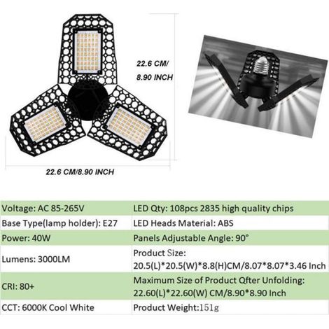 Éclairage Garage LED - 40 W - 3 Panneaux Réglables - 3000 Lm - Blanc Froid - Base E27 - Angle Réglable Jusqu'à 90° - 1 Pièce (1/3)