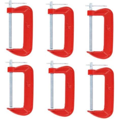 Jeu de 6 serre-joints en G légers rouges avec une ouverture de mâchoire de 10 cm, adaptés à la menuiserie, au soudage et à la réparation automobile. (1/4)