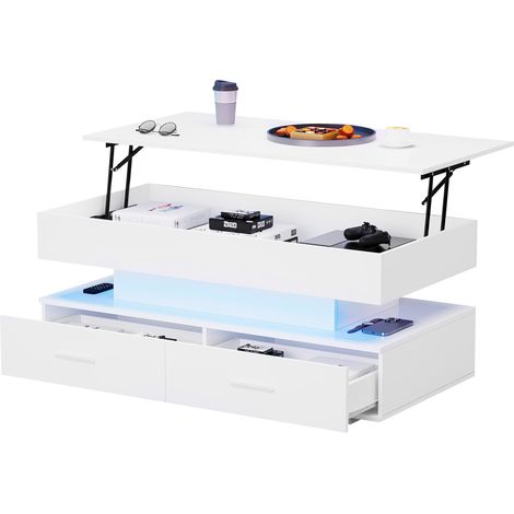 Table basse relevable hydraulique 100x50x44 cm avec éclairage LED, contrôle Bluetooth via application, 2 tiroirs et rangement ouvert, blanc (1/5)