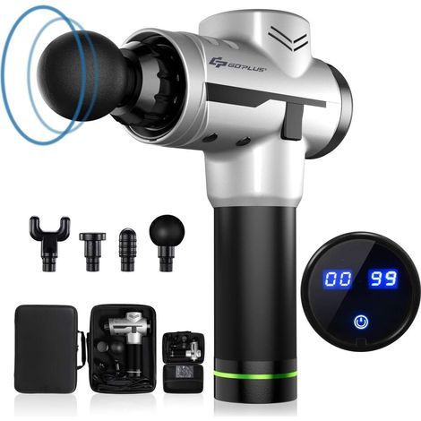 COSTWAY Elektrische Massagepistole, Deep Tissue Massage Gun, Muskelmassager mit 6 Geschwindigkeiten, Massagegeraet inkl. austauschabre Massagekoepfen und Reisetasche, Handmassagegeraet silber (1/5)