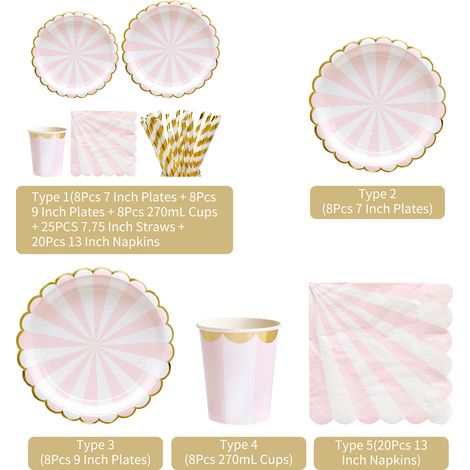 8 pièces assiettes jetables de 7 pouces ensemble de vaisselle en papier compostable à rayures roses vaisselle écologique dégradable pour les barbecues d'anniversaire camping pique-niques fête (1/5)