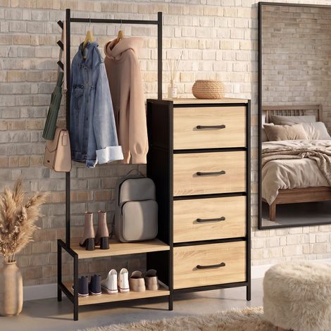 Cómoda de 4 cajones revestida de tela UTAH de 84 cm y armario con estantes y percheros, de diseño industrial (1/5)