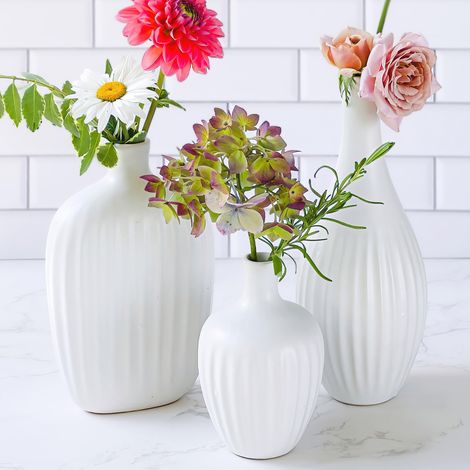 Lot de 3 vases Blancs minimalistes en céramique texturée – Vases bohème pour Herbe de la Pampa, Eucalyptus, Fleurs sèches et Plantes Décoration d'étagère, décoration de cheminée, Centre de Table (1/5)