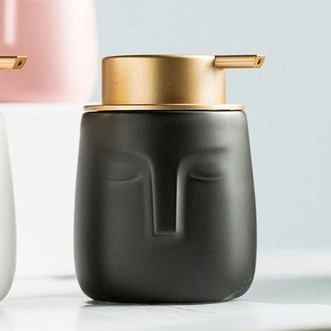 (Noir) Distributeur de savon moderne, bouteille en céramique en forme de visage avec pompe dorée antirouille, distributeur de lotion décoratif pour salle de bain ou cuisine (1/3)
