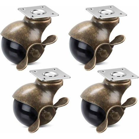 Roulettes à billes de 5 cm avec frein, pivotantes à 360°, plaque supérieure en laiton antique, pour meubles, armoires et fauteuils roulants (lot de 4, 160 kg) (1/4)