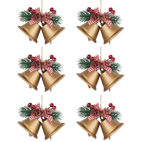 Ensemble de 6 petites décorations de Noël en forme de clochettes dorées à suspendre au sapin, avec pendentifs grelots. (1/5)