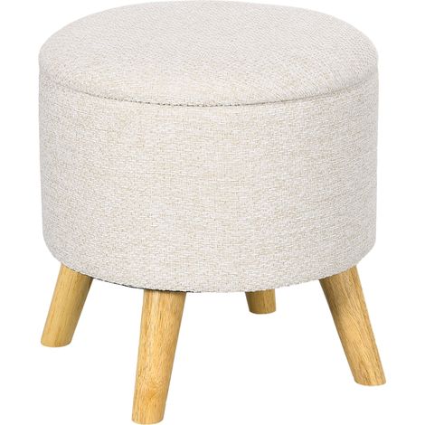 Pouf rond repose-pieds tabouret avec coffre de rangement, pieds en bois, design moderne, crème