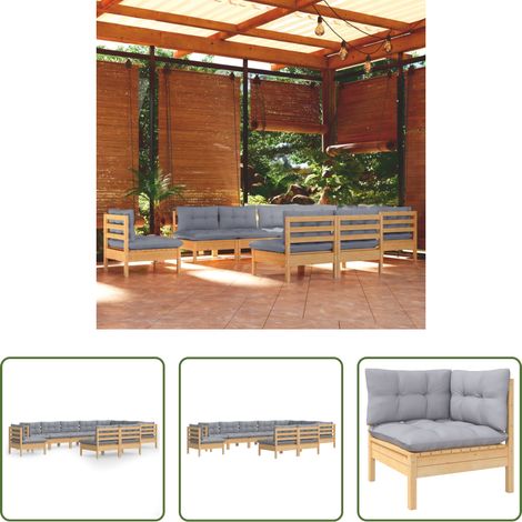 Terrassensofa - 10-tlg. Garten-Lounge-Set mit Grauen Kissen Kiefer Massivholz (1/5)