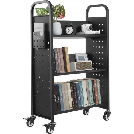 Carro para Libros de 3 Niveles Estantería de Libros con Ruedas 77 x 38 x 122 cm Estante de Almacenamiento en Forma de V Carro Rodante para Biblioteca, Librería, Oficina, Escuela, Negro (1/5)