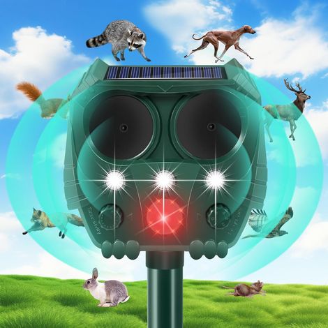Répulsif solaire à ultrasons pour animaux avec détecteur de mouvement et lumières clignotantes, étanche, rechargeable, appareils de dissuasion pour animaux d'extérieur pour cerf, chien, lapin (1/5)