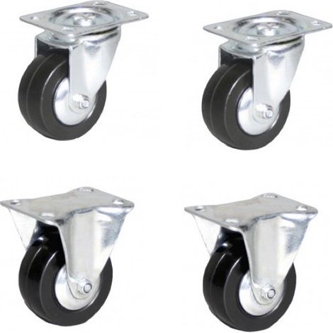Lot de 4 roulettes pivotantes et fixes caoutchouc noir 65 mm - 150 Kg (1/3)