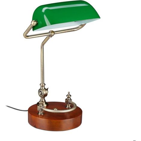 Relaxdays Lampe de banquier, abat-jour en verre inclinable, pied en bois, bureau E27, rétro, vert-marron (1/5)