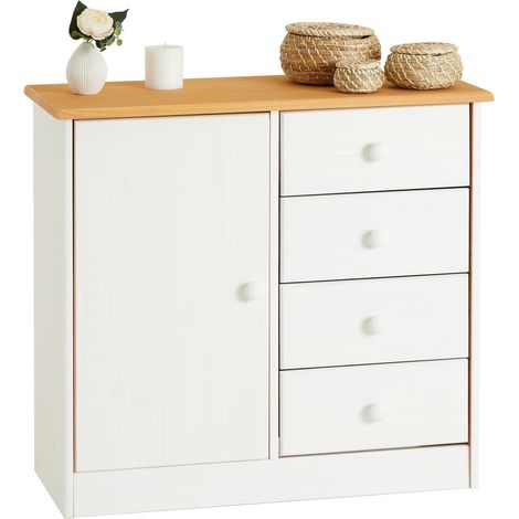 Idimex – Commode enfant en pin massif 4 tiroirs – Dimensions 74 x 79 x 35 cm – Lasurée blanc et brun – Rangement esthétique et fonctionnel (1/4)