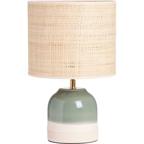 Grüne Keramiktischlampe mit Rattanlampenschirm H35 cm PIEGA