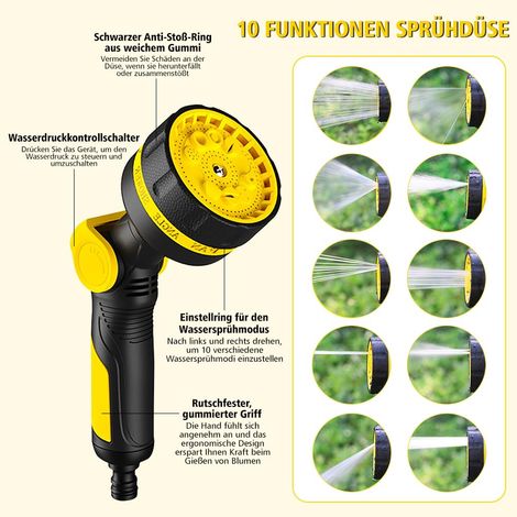 Tubo flessibile da giardino da 10 m con 10 ugelli funzionali e doccetta - Tubo leggero e flessibile con spina universale - Avvolgitubo da giardino per irrigazione del giardino (1/4)