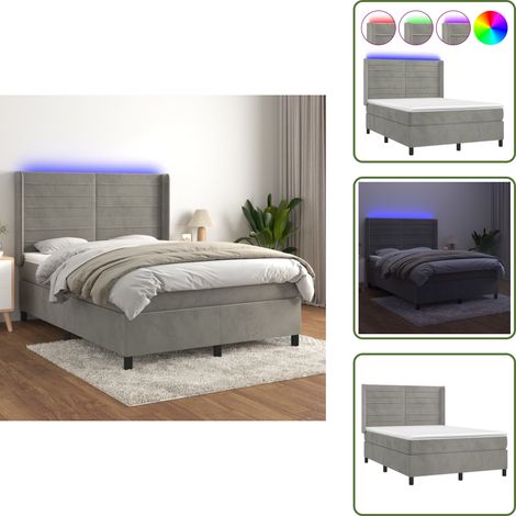 Sommier à lattes de lit matelas et LED Gris clair 140x190 cm - Lit Plateforme - Lit Design - Lit Capitonné - Lit Velours - Lit Avec Éclairage Led (1/5)