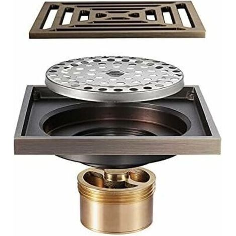 Drain De Douche Carré, Déodorant De Drain De Plancher De Douche Bronze Antique De 4 Pouces avec Grille De Couverture Amovible Drain De Douche De Salle De Bain (1/4)