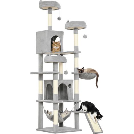 Arbre à chat - tour de jeux pour chat - PawHut - 8 poteaux à griffer, 4 plateformes, 2 niches, 2 hamacs, échelle - 192 cm - gris (1/5)