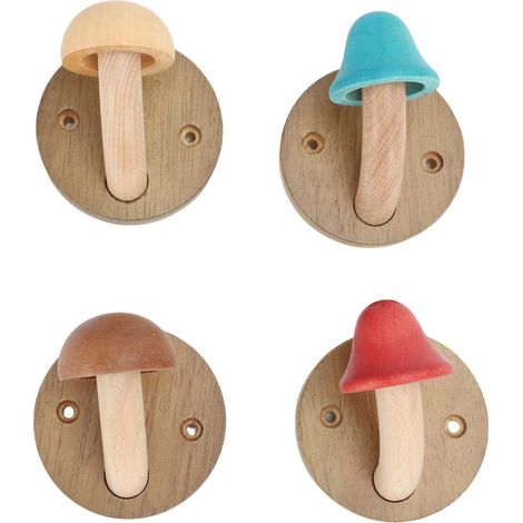 Lot de 4 patères murales rustiques en bois massif coloré, en forme de champignon, avec vis. (1/5)