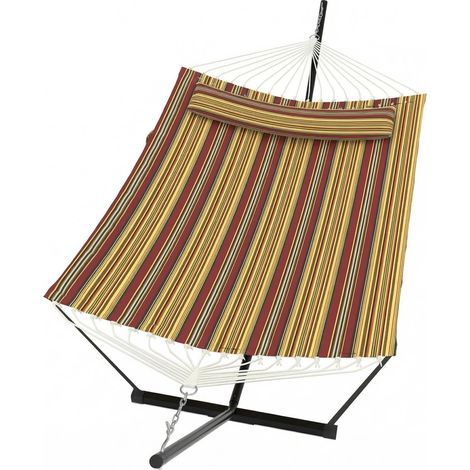 Hamac Double Robuste pour 2 Personnes avec Support Et Coussin - pour Jardin Terrasse Plage Ou Piscine -Rayé Rouge et Jaune